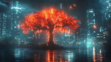 Neon Tree with Glowing Roots Surrounded by Financial Data Streams in Urban Landscape