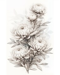 Hand drawn botanical illustration, delicate black and white line art depicting lush leaves and flowers, isolated on pure white background, high resolution vintage style botanical drawing,