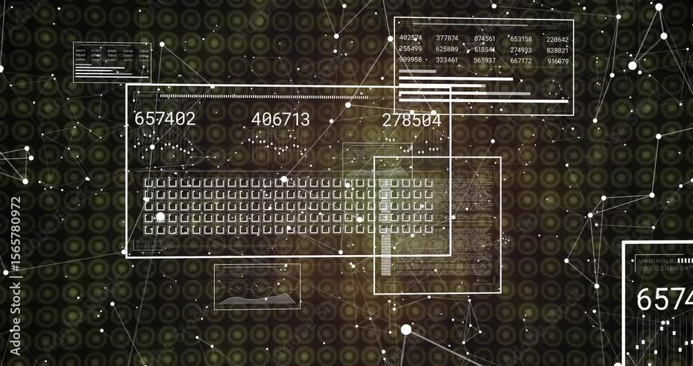 Poster field emerging with nodes animating frames fading labels updating grid rising showing data flow