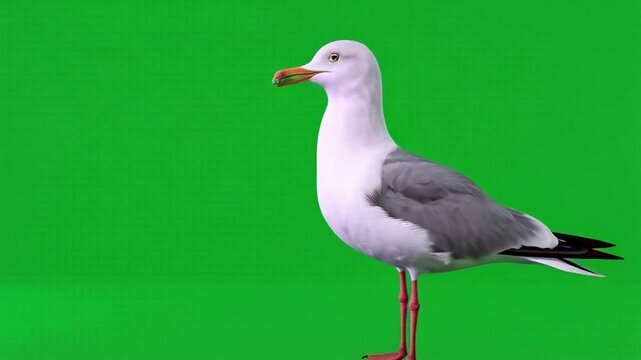 A seagull standing on one leg against a vibrant green background in a studio setting view to the left green screen bird video