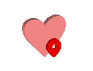 Simple 3D illustration of a heart icon with a location pin.Transparent background, png format