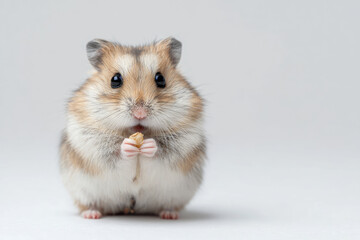 Adorable hamster holding a treat, set against a clean, neutral background, showcasing its cute features