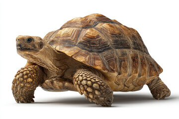 A close-up of a tortoise walking on a white background, showcasing its textured shell and limbs