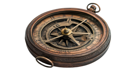 Classic pocket sundial with compass, Transparent background, PNG file