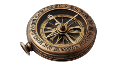 Classic pocket sundial with compass, Transparent background, PNG file