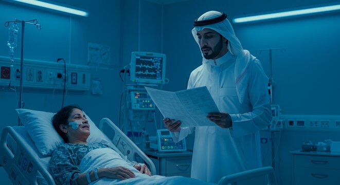 A concerned doctor reviews medical charts beside a patient resting in a hospital bed, illuminated by soft blue light.