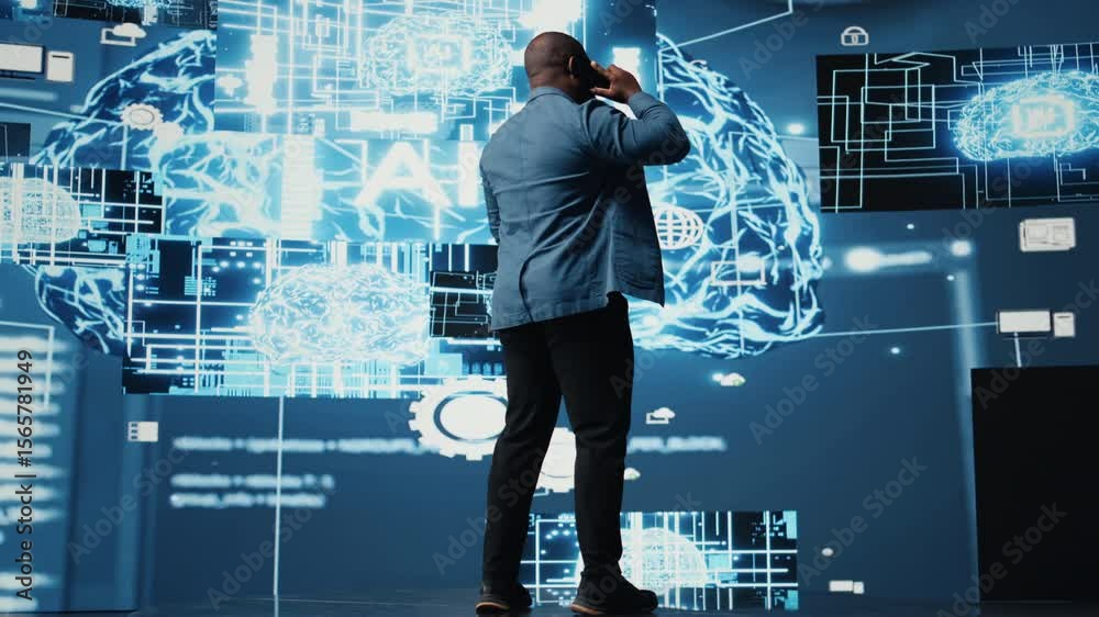 Poster african american it expert answers phone call to discuss deep learning through neural networks and a