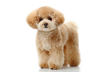 Adorable fluffy dog standing on a white background, showcasing its playful demeanor and charm