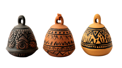 Clay bells with tribal designs, Transparent background, PNG file