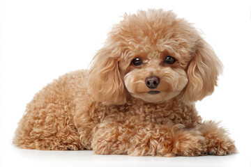 A fluffy, adorable poodle dog lying gracefully on a clean white surface, exuding charm and warmth