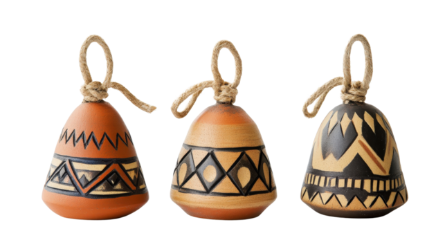 Clay bells with tribal designs, Transparent background, PNG file