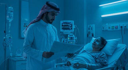 Compassionate doctor reviews medical charts while comforting a patient in a dimly lit hospital room.