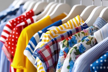 Colorful patterned clothes hanging on white hangers with mix of stripes, florals, polka dots, and plaid for fashion, textile, or retail display concept