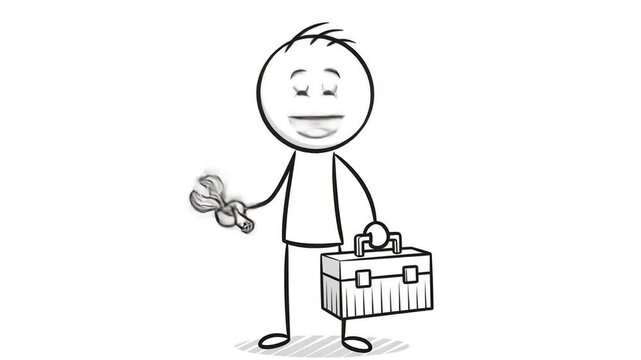 Cartoon Stick Figures Depicting a Worker Holding a Wrench and Toolbox Character Set