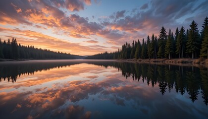 Fototapeta premium A calm lake reflecting surrounding pine trees and a colorful sunset sky, tranquil natural scenery