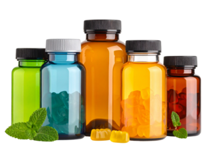 Vegan Vitamin Gummies and Supplement Bottles – Healthy Living Transparent Background PNG