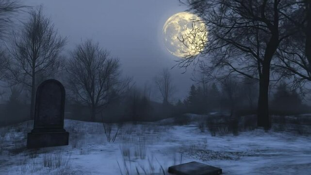 Eerie graveyard under luminous ghostly moon