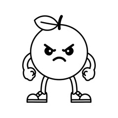 Orange fruit cartoon character sketch with angry expression clenched fist, orange icon, orange logo, great as sticker or emot.