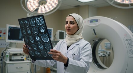 Focused female doctor examines detailed medical scans in a modern hospital setting, showcasing healthcare expertise and technological advancements.