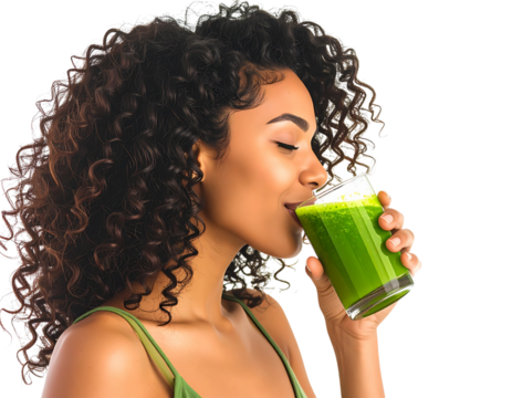 Woman Drinking Green Juice with Smile – Wellness Glow Transparent Background PNG - Powered by Adobe