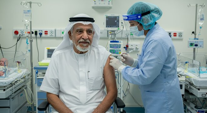 Elderly man receives a vaccination from a healthcare professional in a modern medical facility.
