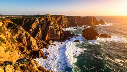 Aerial View Of Rocky Coastline Basking In Warm Golden Sunset Light With Ocean Waves Crashing Against Cliffs