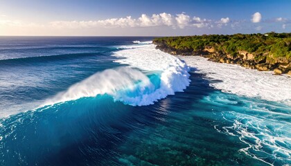 Aerial View of Rolling Blue Ocean Waves Crashing Over a Coral Reef During Low Tide with Lush Green Vegetation on a Rocky Coastline