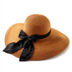 Elegant wide-brimmed straw hat with a black ribbon, set against a bright, sunny background, ideal for summer fashion