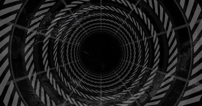 user entering spiral tunnel showing rotating striped rings spinning inward forming hypnotic descent