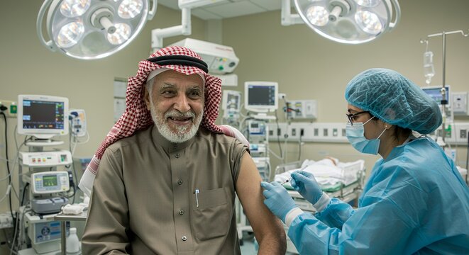 Elderly man receives a vaccination in a modern medical facility, a healthcare worker carefully administers the shot. - Powered by Adobe