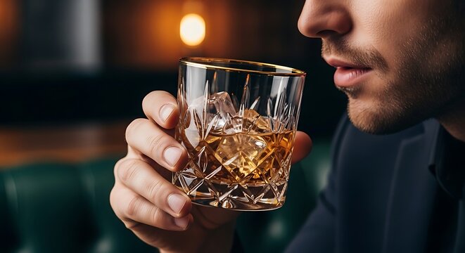 Close-up of a well-dressed man appreciating the aroma of a glass of whiskey with ice in a sophisticated, dimly lit bar