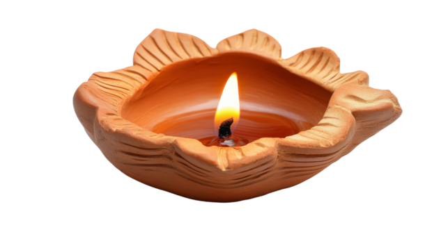 Diwali oil lamp diya with flame, clay design, Transparent background, PNG file - Powered by Adobe