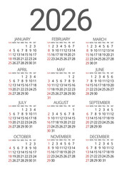 Annual calendar 2026 in English in simple design on white background. Sundays highlighted in red.  Calendar from Sunday to Saturday. Grid of 12 months of the year