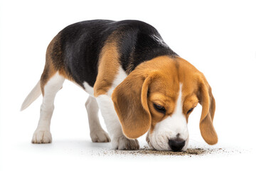 Beagle dog curiously sniffing the ground, showcasing its keen sense of smell in a clean, white setting