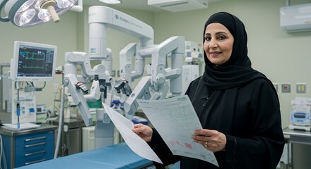 Confident female surgeon reviews medical charts in a modern operating room, advanced robotic surgical equipment in the background.