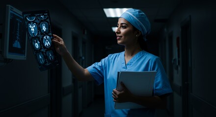 A dedicated female doctor examines medical scans in a dimly lit hospital corridor, showcasing her commitment to patient care and medical expertise.