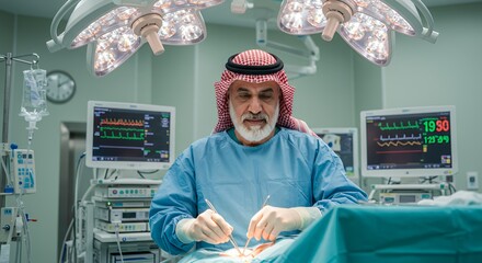 Focused surgeon in traditional attire performs delicate surgery under bright operating room lights.