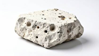 Close up of a rough white limestone rock with pitted surface and fossil details against a clean white background