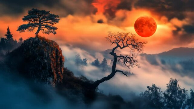 Eerie landscape featuring red celestial orb