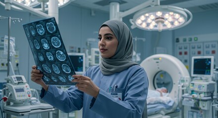 A female doctor in a hijab carefully examines medical brain scans in a modern hospital setting.