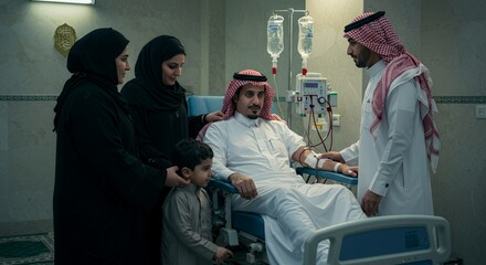 Family offers unwavering support to a patient undergoing dialysis, showcasing their love and resilience in a hospital setting.