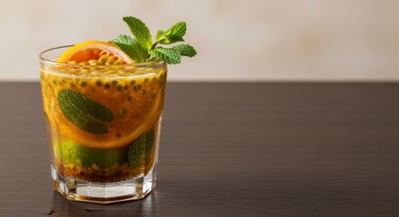 Fototapeta premium Summer Refreshment: Cool Lime and Mint Cocktail in a Glass Over Ice with Fresh Garnish for the Perfect Beverage Experience