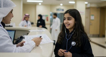 Young girl smiles, holding a stethoscope, while a doctor reviews paperwork in a bright hospital waiting area.