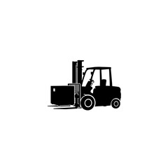 Fototapeta premium Silhouette of a forklift carrying a box with visible wheels and a driver seat in black and white style