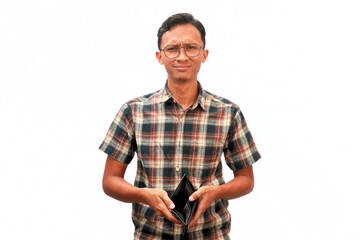 An Asian man holding an empty wallet with a sad expression
