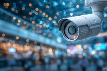 Closeup of CCTV security camera with surveillance in public place, and blurry background.
