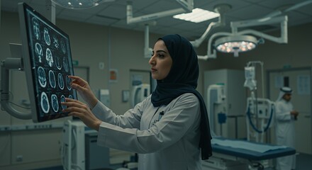 Focused female doctor in hijab examines brain scans on a medical monitor in a modern hospital setting.