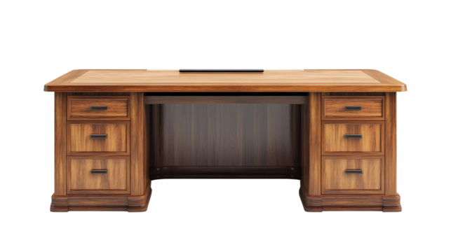 Executive wooden office desk with drawers, Transparent background, PNG file