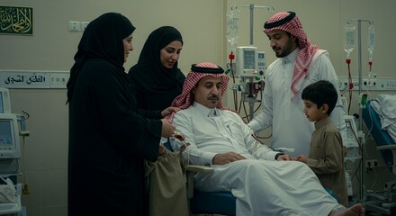 Family supports a loved one undergoing dialysis treatment in a hospital setting, showcasing compassion and solidarity.