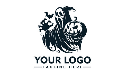 Spooky ghost figure holding a carved pumpkin with a bat flying above, presented as a logo or graphic.